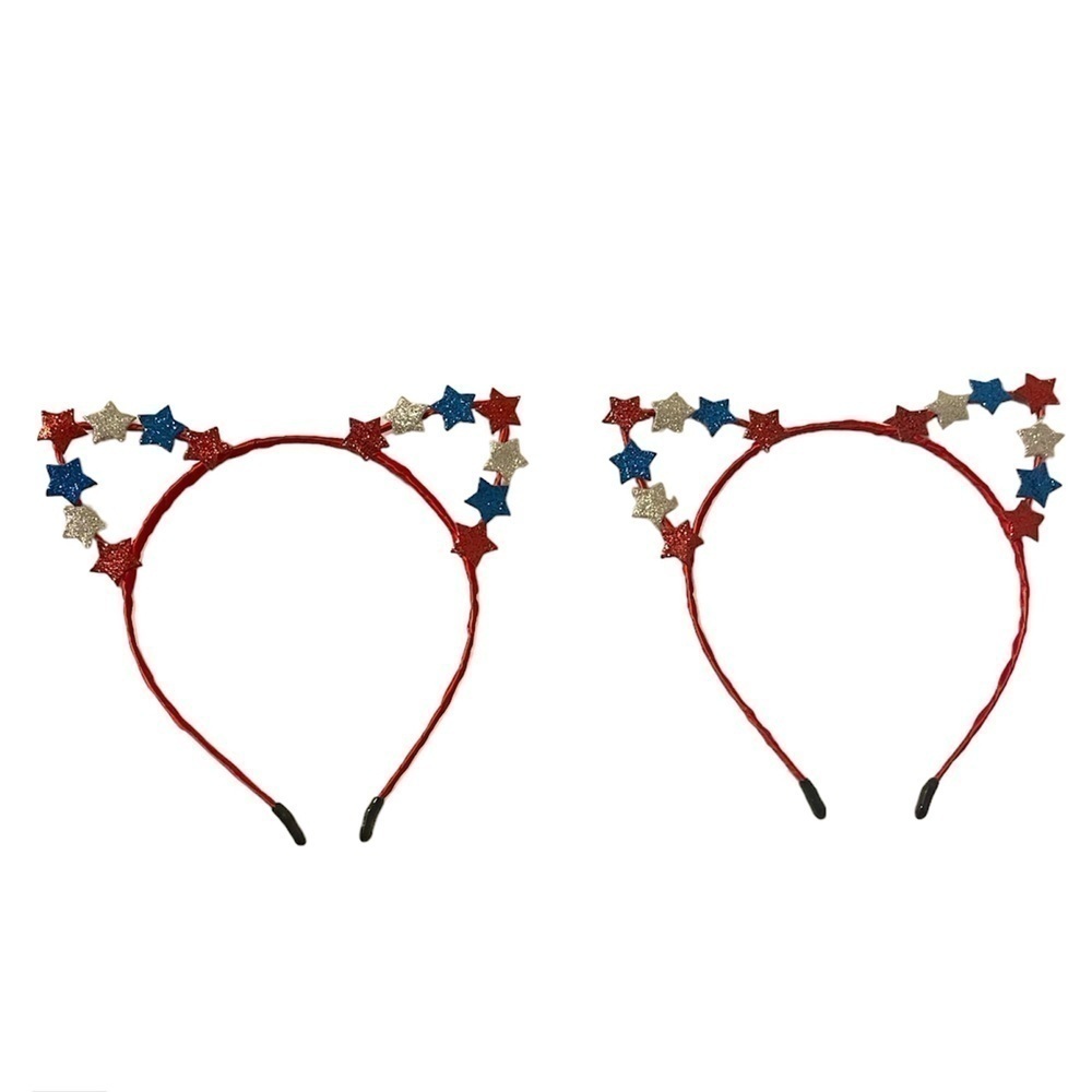 Red Blue Silver Glittery Tiny Stars White Wire Cat Ear July 4th Headbands 2Pc